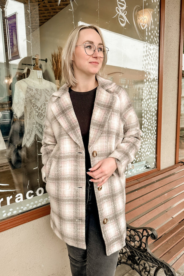Grey and Pink Oversized Plaid Coat - Terra Cotta Gorge Co.