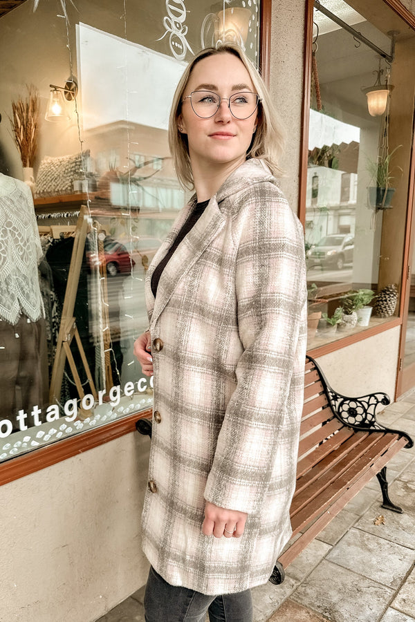 Grey and Pink Oversized Plaid Coat - Terra Cotta Gorge Co.