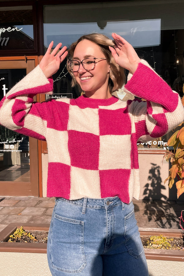 girl wearing Hot Pink Wide Sleeve Checker Sweater