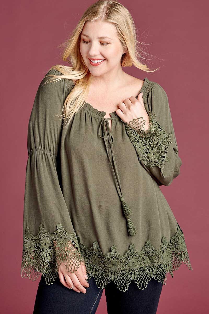Olive Plus Long Sleeve Blouse with Lace Trim Hem - Oddi - Terra Cotta Gorge Co.