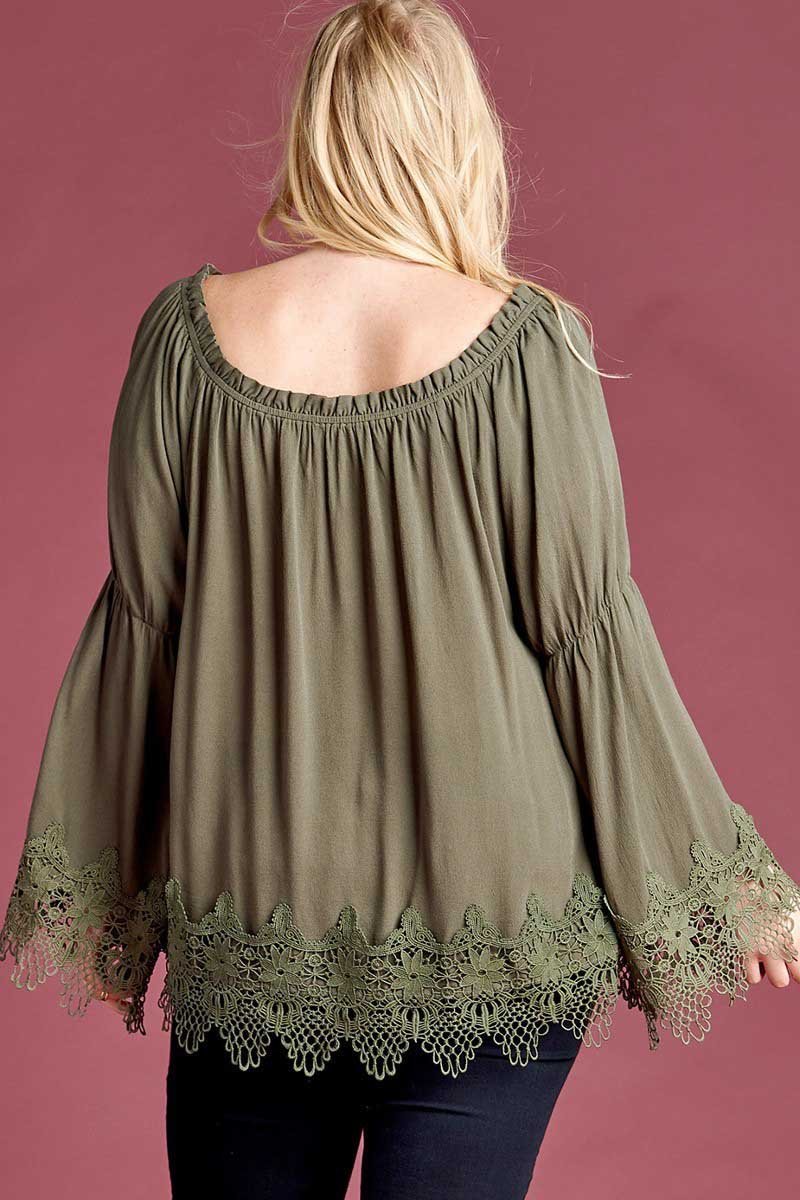 Olive Plus Long Sleeve Blouse with Lace Trim Hem - Oddi - Terra Cotta Gorge Co.