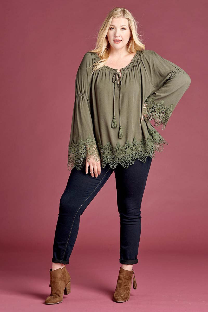 Olive Plus Long Sleeve Blouse with Lace Trim Hem - Oddi - Terra Cotta Gorge Co.
