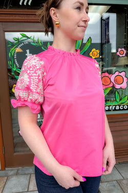 Pink Poplin Embroidered Sleeve Top - Terra Cotta Gorge Co.