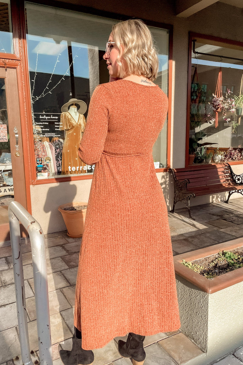 Rust Long Sleeve Wrap Midi Dress - Terra Cotta Gorge Co.