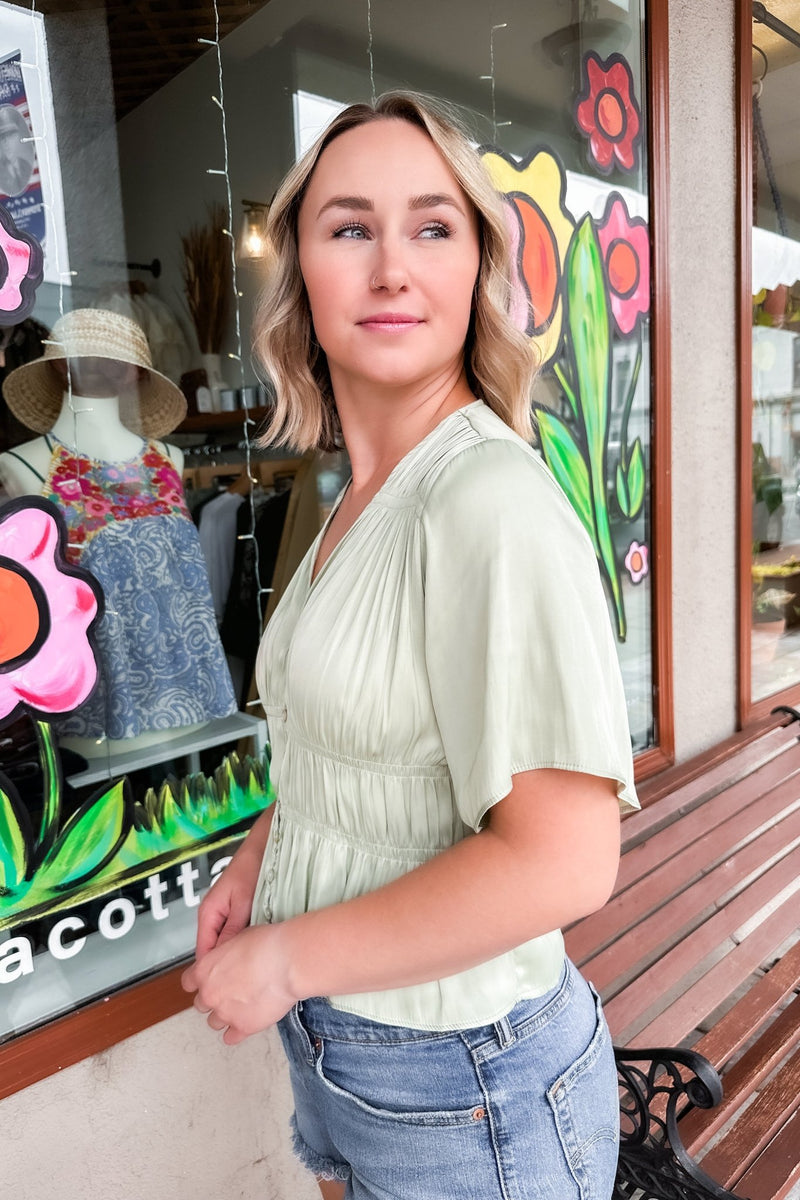 Sage Button Down Shirring Top - Terra Cotta Gorge Co.