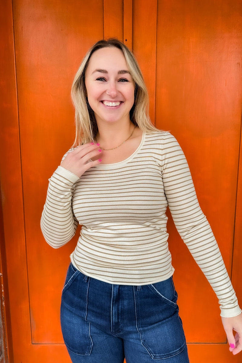 Taupe & Cream Striped Long Sleeve - Miou Muse - Terra Cotta Gorge Co.