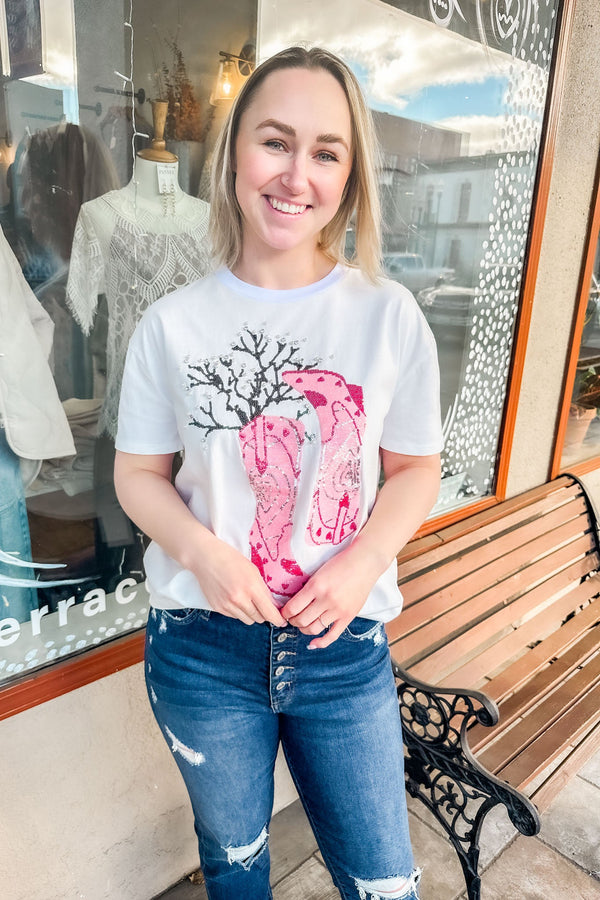 White & Pink Sequin Cowgirl Boots Tee - Terra Cotta Gorge Co.